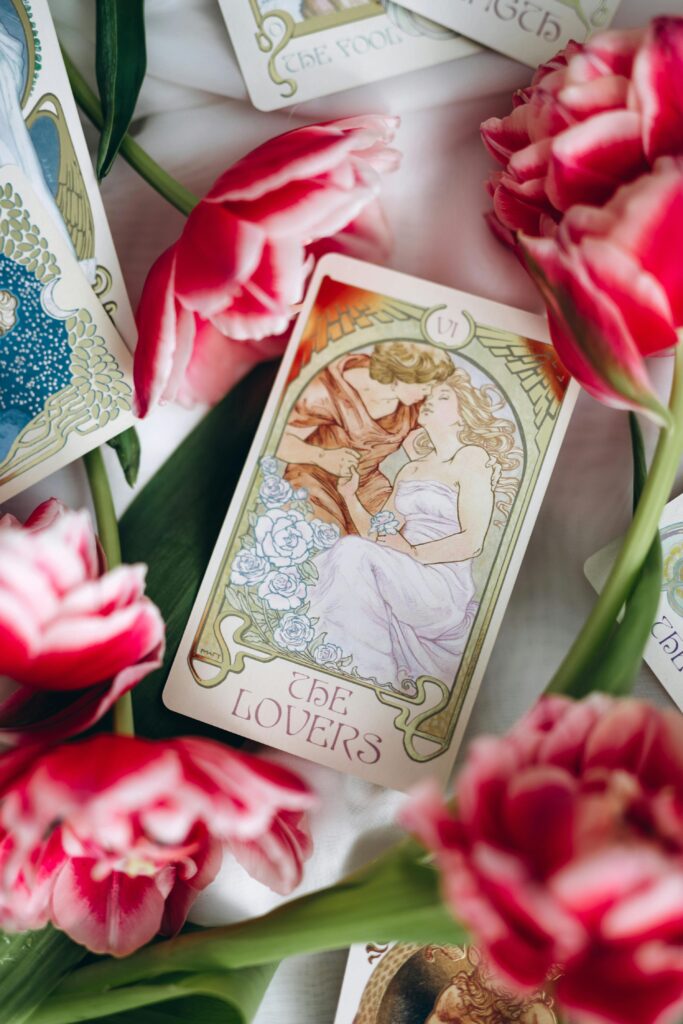 Love tarot reading session showing relationship card spread