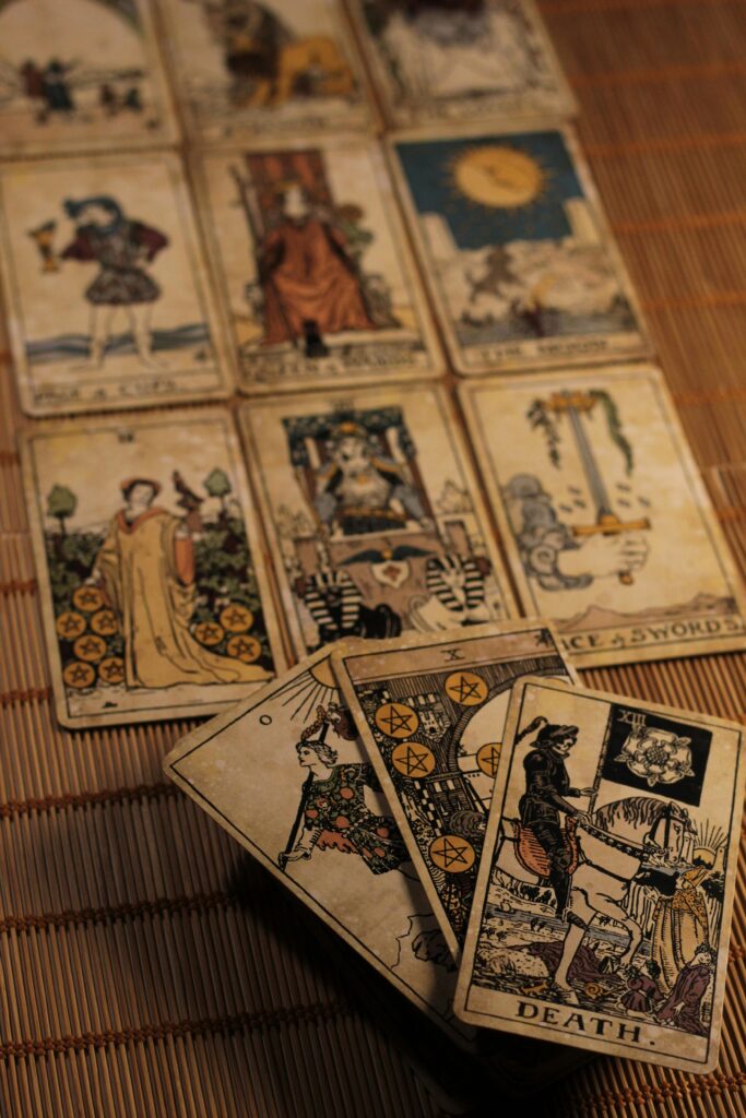Tarot reading session showing card spread for guidance and insight